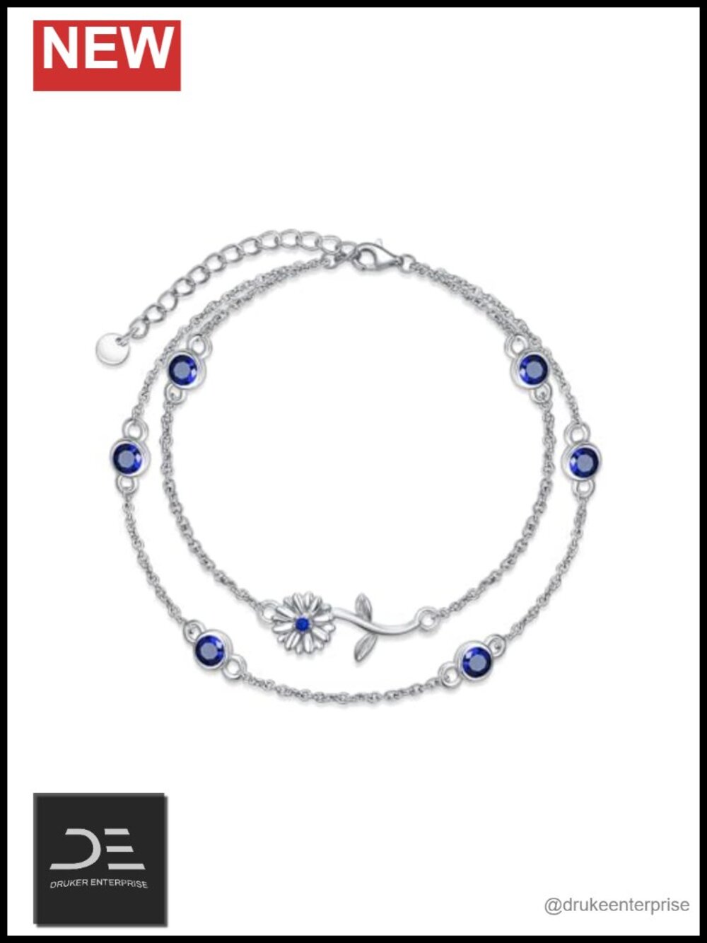 Sterling Silver Birthstone Birth Flower Double Layer Bracelet, Sep Birthstone
